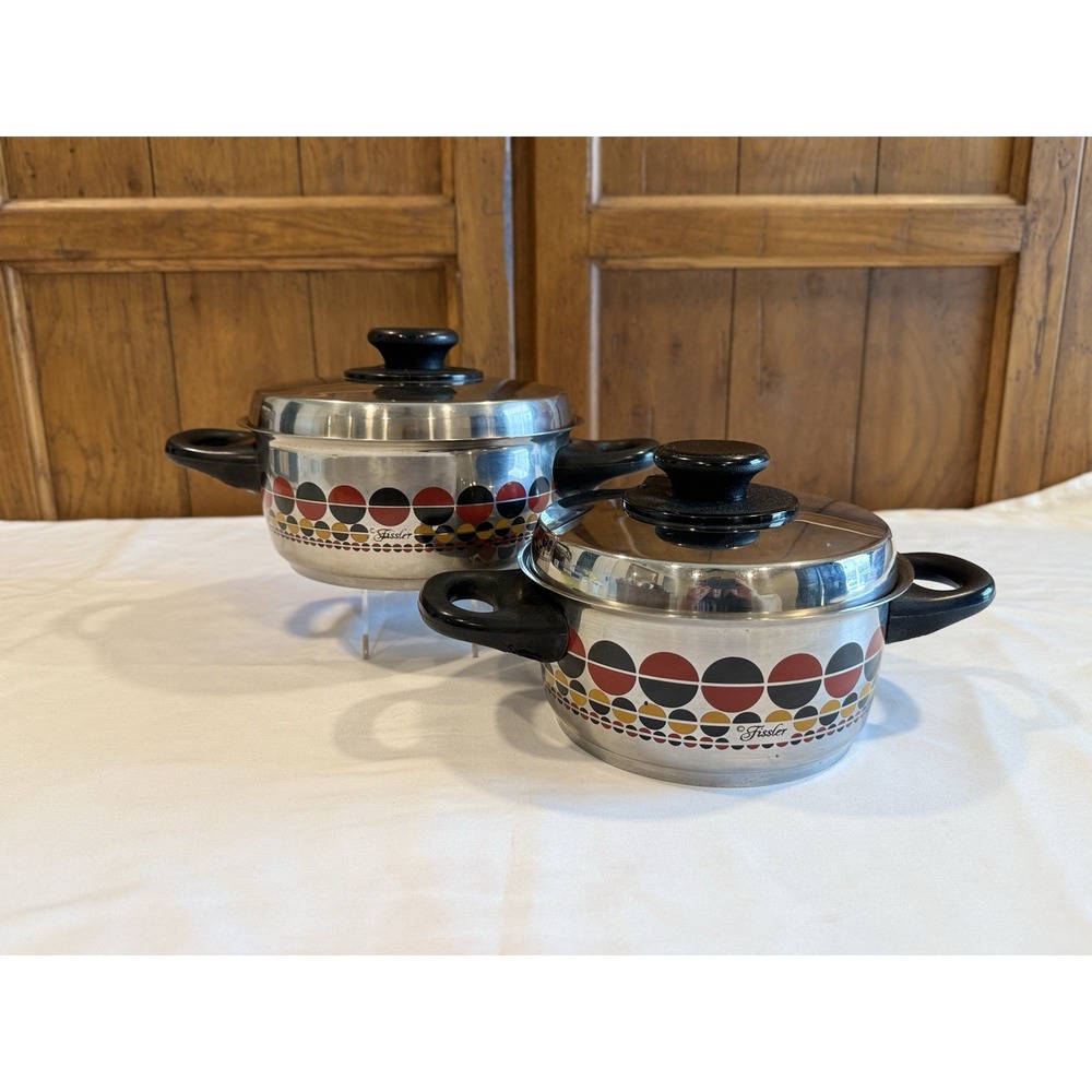 VTG Fissler Solar Dot Stainless Steel Pots Mid Century Set Of 2 W/ Vented Lids